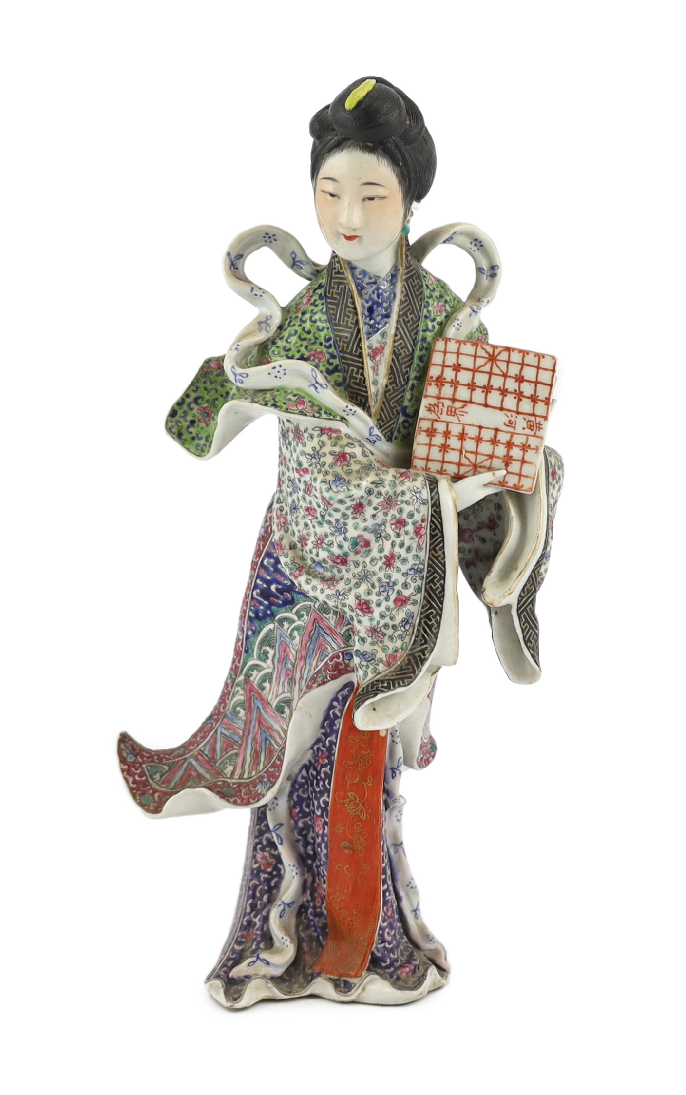 A Chinese enamelled porcelain figure of a lady, Republic period, slight damage